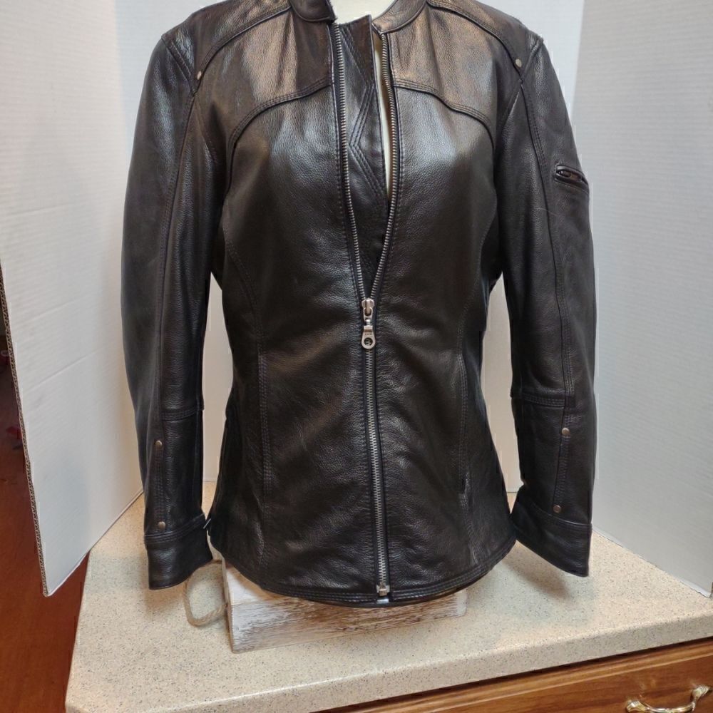 First Brand Leather Biker Moto Jacket Size Medium Black Leather Lined.